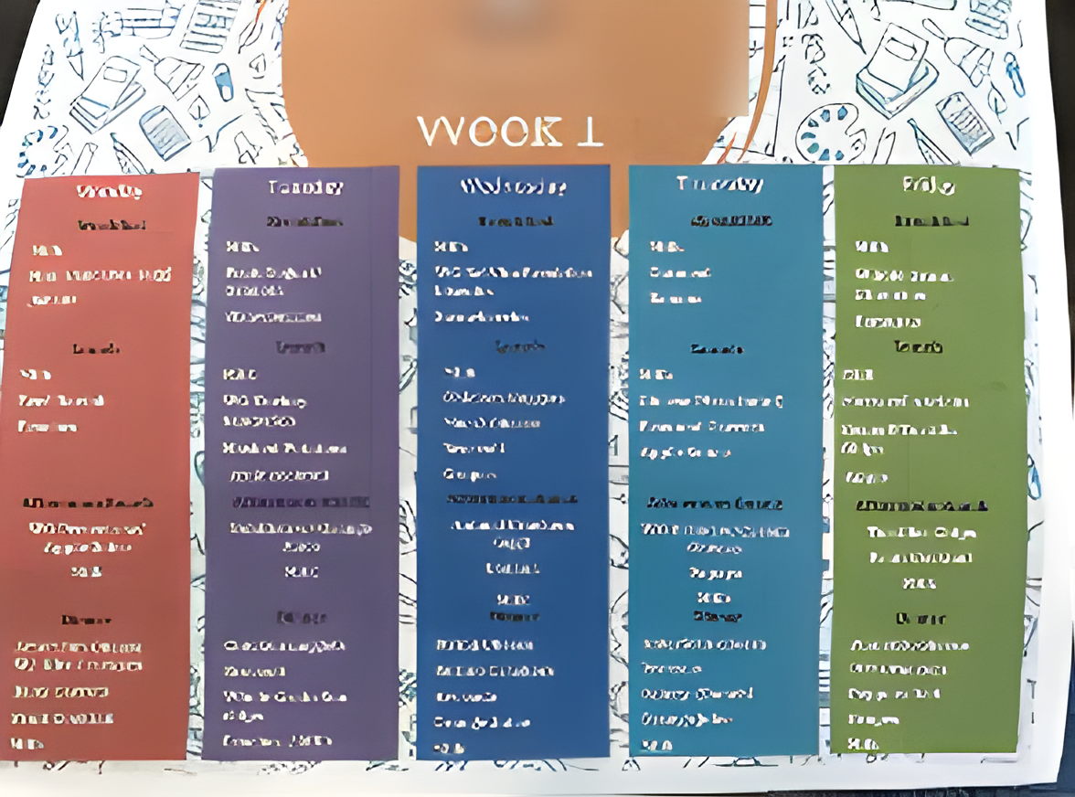 A printed weekly preschool menu: breakfast, lunch and snacks for each weekday
