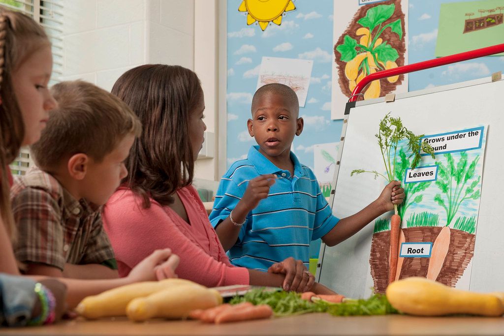 Children looking at fresh vegetables during a classroom nutrition lesson